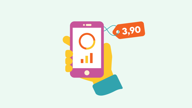 Hand holding a phone, graphs on screen, next to a sign with sum 3.90