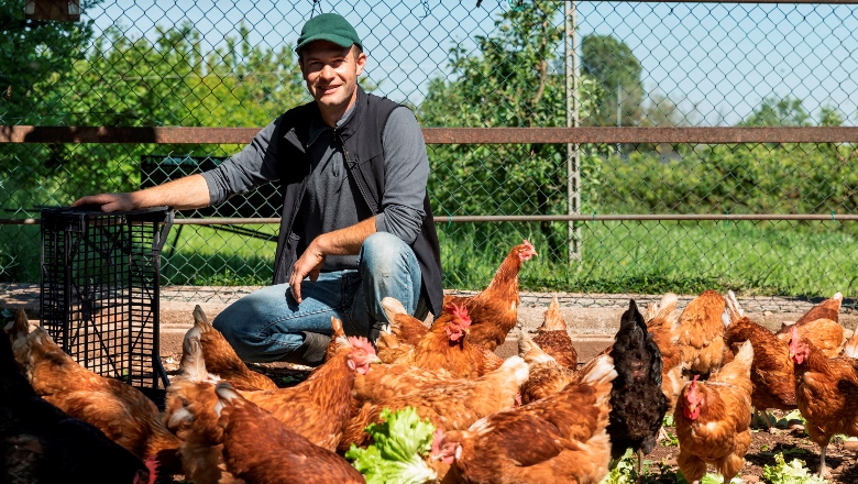 Happy man with chickens